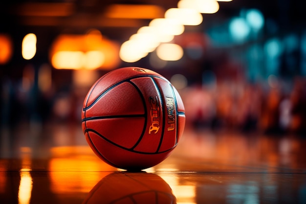 basketball ball on floor with bright lights