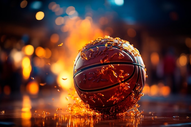 basketball ball on floor with bright lights