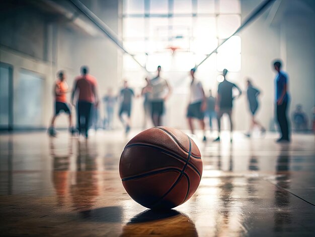 a basketball ball on the floor with people in the background