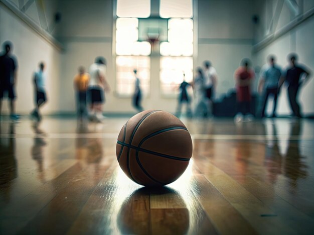 a basketball ball on the floor with people in the background