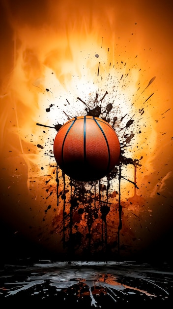 Photo basketball ball on a grunge background with flames