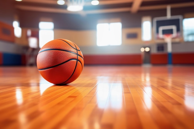 Basketball ball in gym copy space close up orange bakground