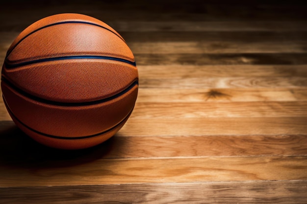 Баскетбольный мяч лежит на деревянном полу