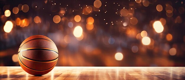 a basketball ball is on a table a wooden floor in the style of glimmering light effects