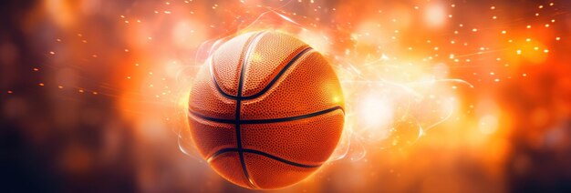 Photo basketball ball and light streaks dynamic sports symbolism power and speed in play creating a thrilling game arena of energy and excitement