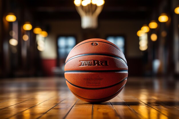 Basketball Ball Sits On A Dark Wooden Court Background