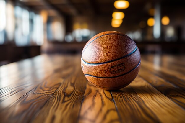 Basketball Ball Sits On A Dark Wooden Court Background