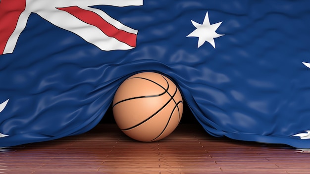 寄木細工の床にオーストラリアの旗とバスケット ボール ボール