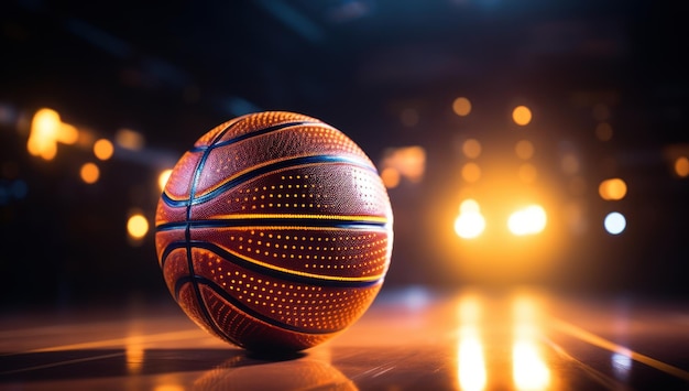 Basketball ball with lighting bokeh in gym Intense sports action team competition and skillful play in dynamic arena setting creating an electric atmosphere of passion and energy