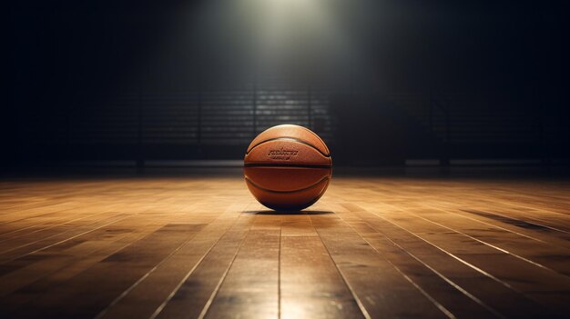 basketball ball with wooden basket in a dark room sport and game concept