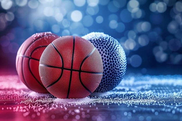 Basketball balls on floor on blue bokeh background