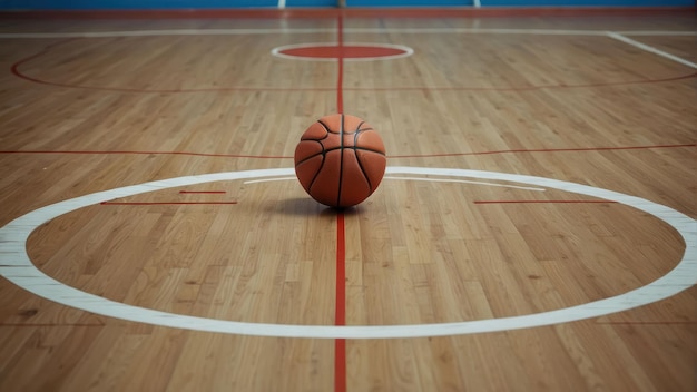 Basketball Centered on Wood Court with Lines