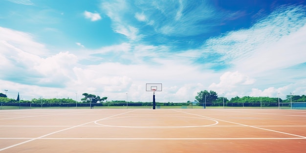 basketball Copy Space on Outdoor Court Blue Sky Background Vintage Tones Sports Aesthetic