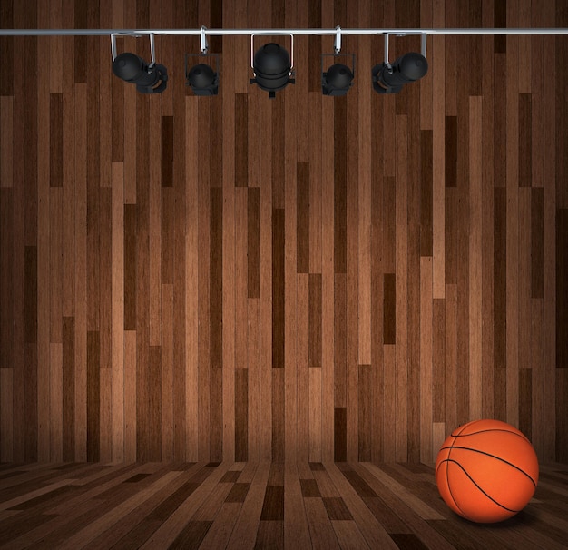 Illustrazione di rendering 3d di pallacanestro sul campo