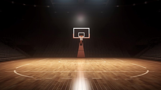 Basketball court in a dark arena with a basketball hoop on the wall.