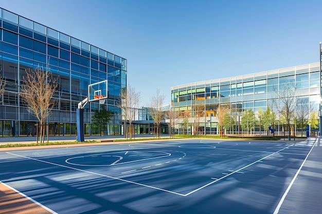 A basketball court in front of a building with a basketball hoop in the middle of it and a