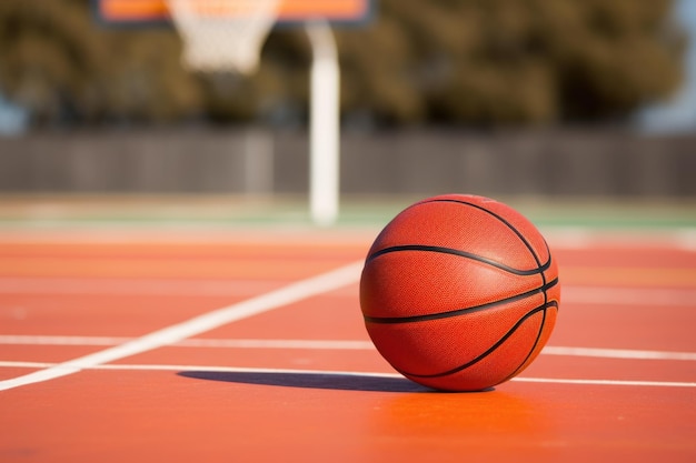 A basketball on a court hoop in the background