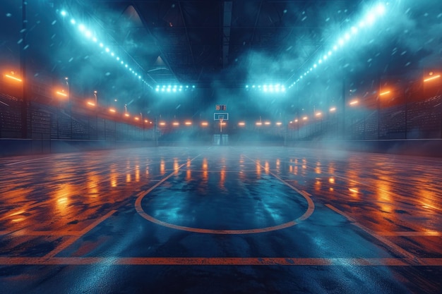 Basketball court illuminated by the glow of stadium lights