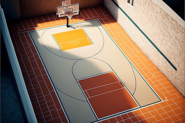 the basketball court is painted in orange and the orange color is a nice way to play a game of basketball.