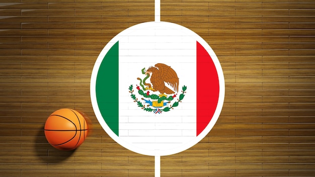 Basketball court parquet floor center with flag of mexico