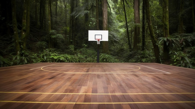 A basketball court in a redwood forest with a basketball hoop in the foreground.