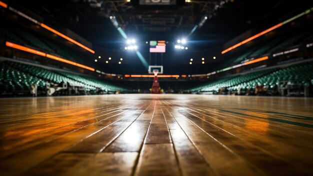 Баскетбольная площадка на стадионе, оборудованном яркими огнями.
