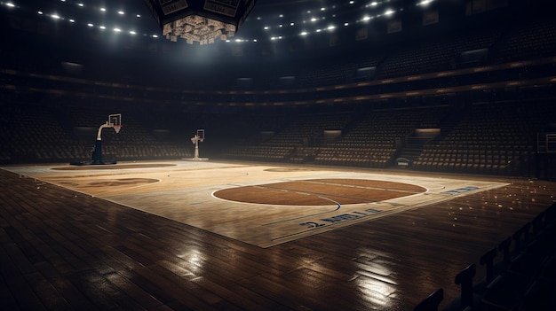 A basketball court in a stadium with a basketball player on the court.