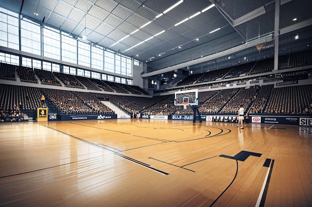 The basketball court at the university of alberta is shown.