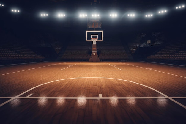 A basketball court with a basket and the back of the net