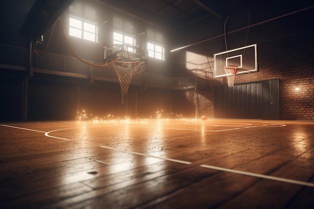 A basketball court with a basket ball hoop and the sun shining on the floor.