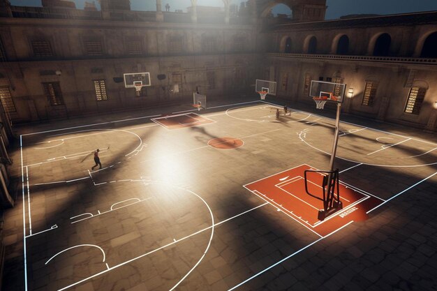 a basketball court with a basket ball in the middle.