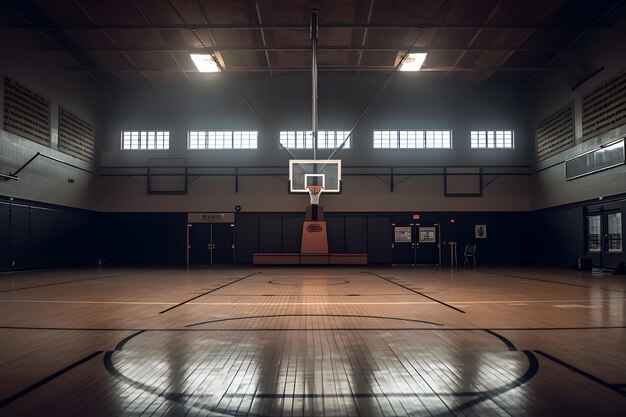 A basketball court with a basket and a basketball hoop in the middle.