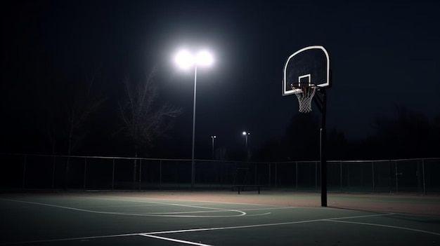 A basketball court with a basketball hoop and a light on the pole.