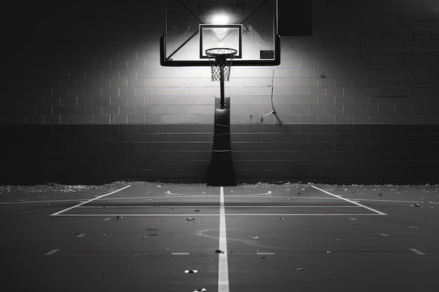 A basketball court with a basketball hoop in the middle of it