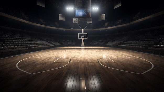 中央にバスケットボールのフープが付いたバスケットボールコート。