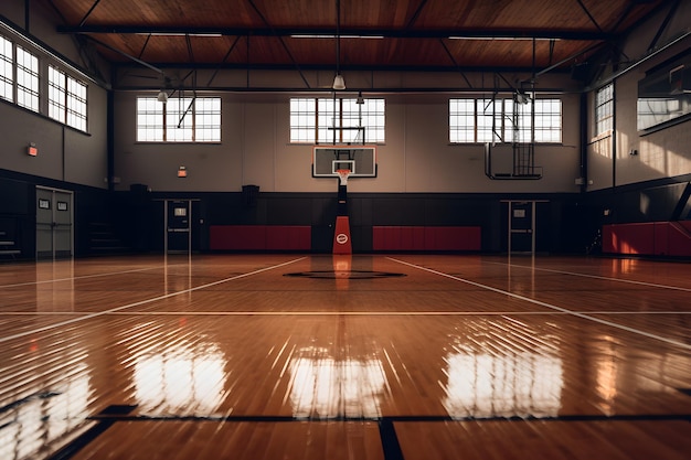 A basketball court with a basketball hoop and a sign that says039the basketball team is on the wall