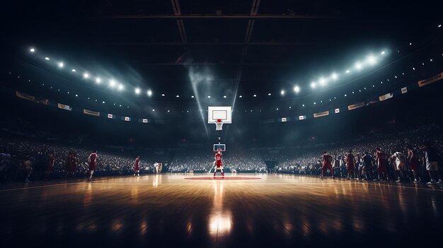 Foto un campo da basket con un cerchio da basket e la parola basket sul retro