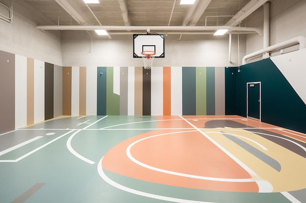 A basketball court with a green and orange wall and a basketball hoop.