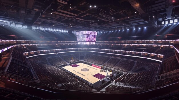 A basketball court with a large crowd of spectators