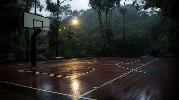 A basketball court with a net on the side