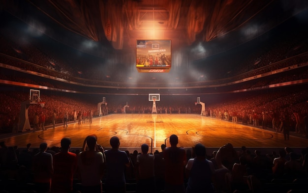 Баскетбольная площадка с фанатами людей Спортивная арена Фотореалистичный 3D рендеринг фона