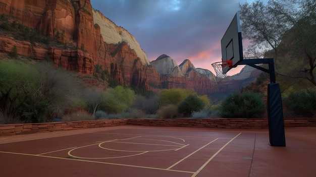 A basketball court with a red rock mountain in the background.