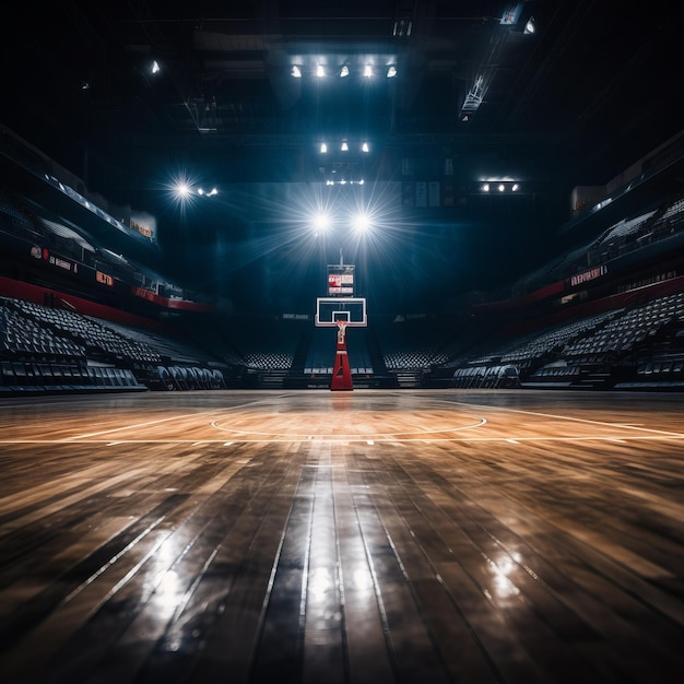 Photo basketball court with shiny wood floor under bright lights