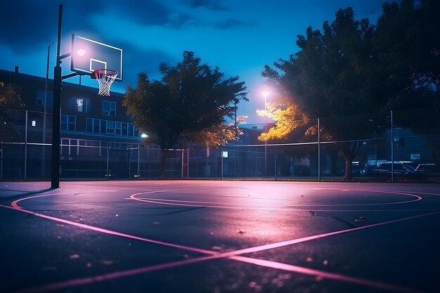 A basketball court with a street light in the background