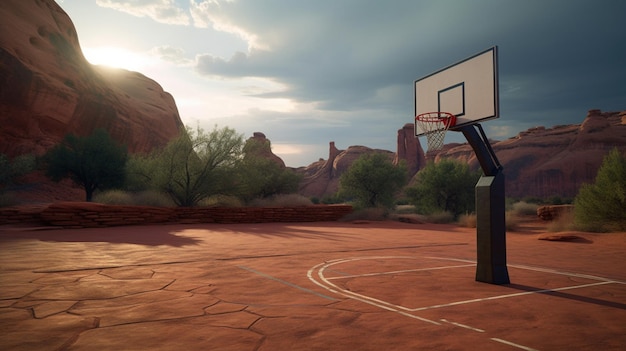 A basketball court with a view of the desert and mountains in the background.