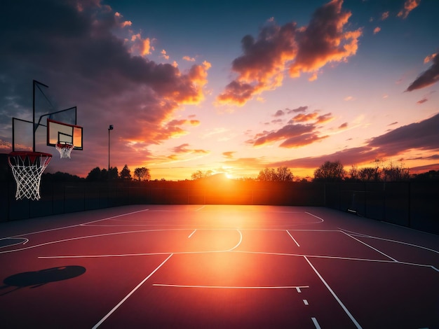 A basketball court with a view of the sky at sunset ai generated