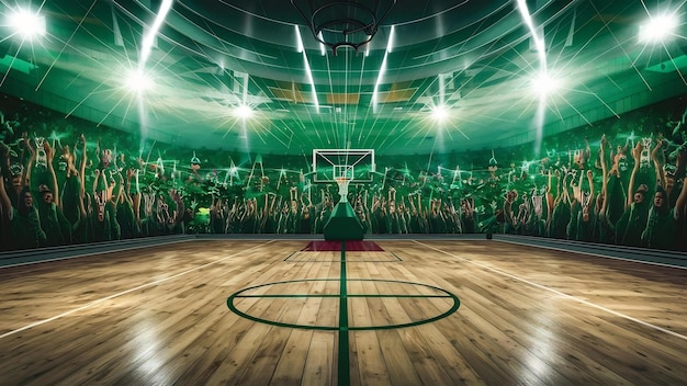 Basketball court with wooden floor lights reflectors and tribune