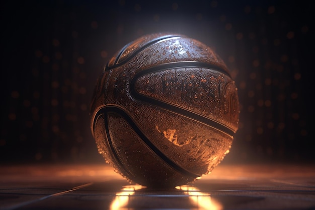 A basketball on a dark background with the word basketball on it.