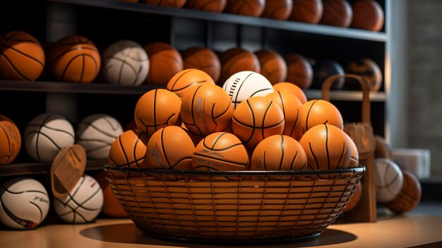 Foto basket in mostra in un negozio di sport con file di varie palle sfocate sullo sfondo