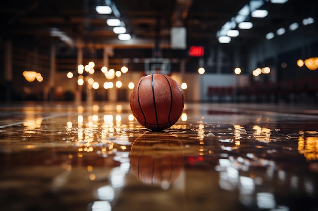 Basketball on empty basketball court